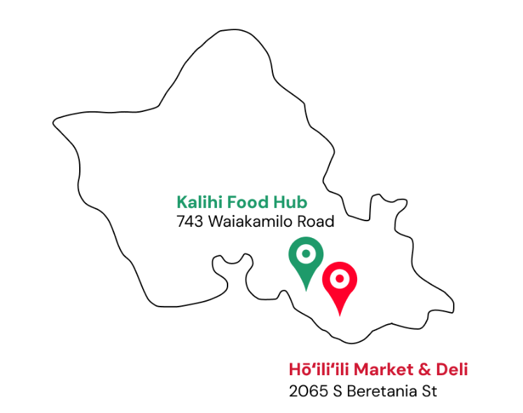 Map outline with location markers for Kalihi Food Hub and Hō'ili'li Market & Deli on a white background.